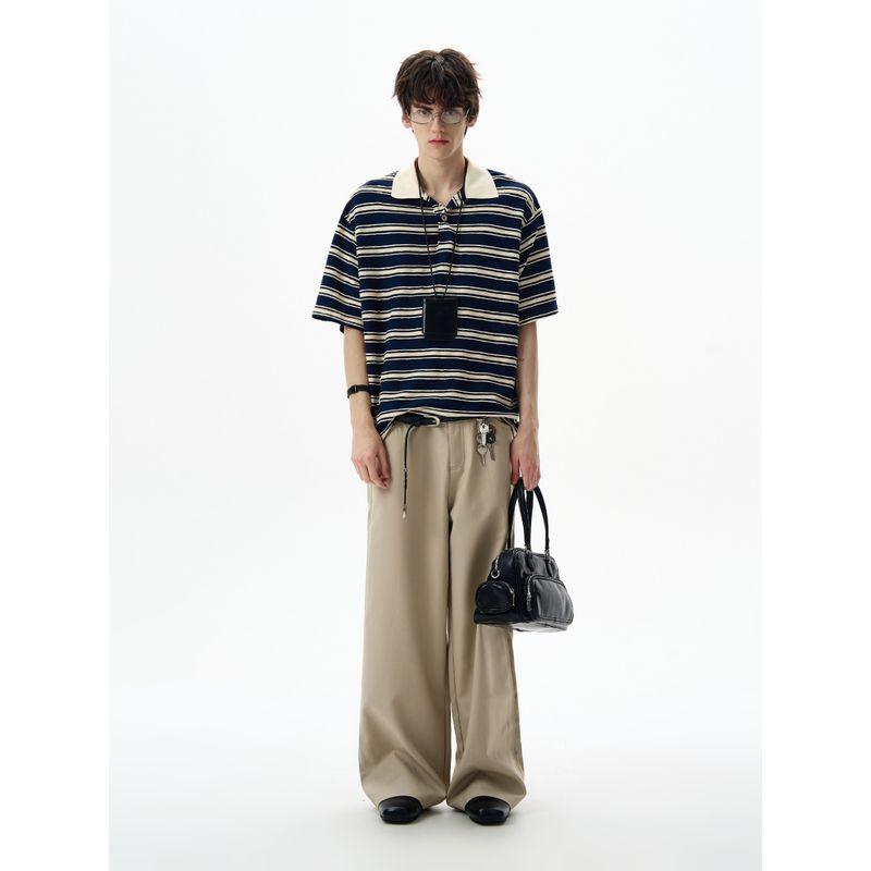 Madwitch American-Style Color-Block Striped Polo Shirt Short-Sleeve Unisex Loose Retro Commuter Casual Top T-Shirt Ins