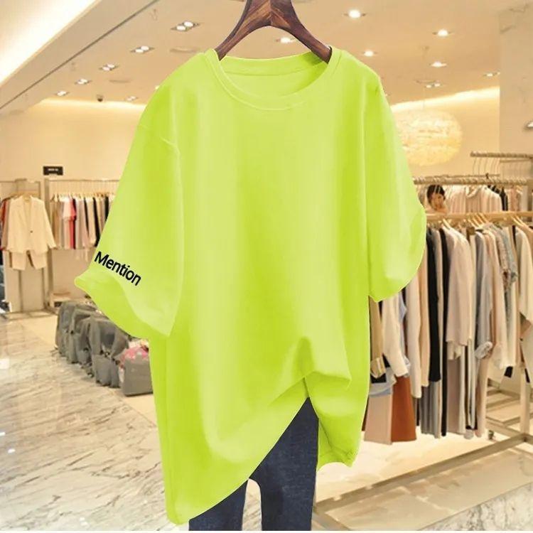 

Women Clothing Fashion Solid Letter Print Short Sleeve T-shirt Summer Pure Cotton O-neck Basic Versatile Top Tee Loose Pullovers 6XL фарби люмінесцентні зелений колір