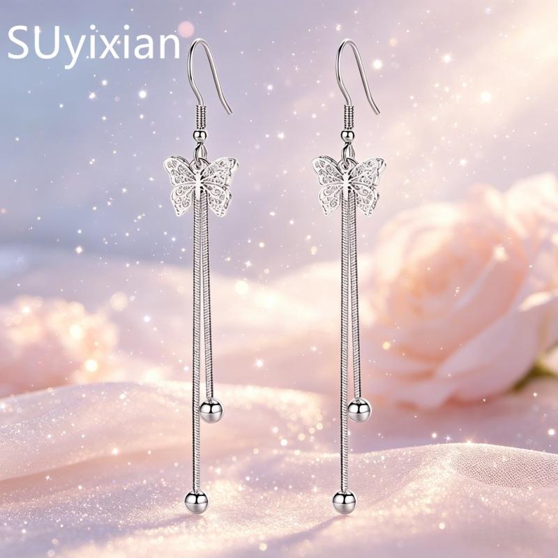 925 Sterling Silver Stylish Hollow Bow Tassel Earrings Birthday Party Anniversary Gift