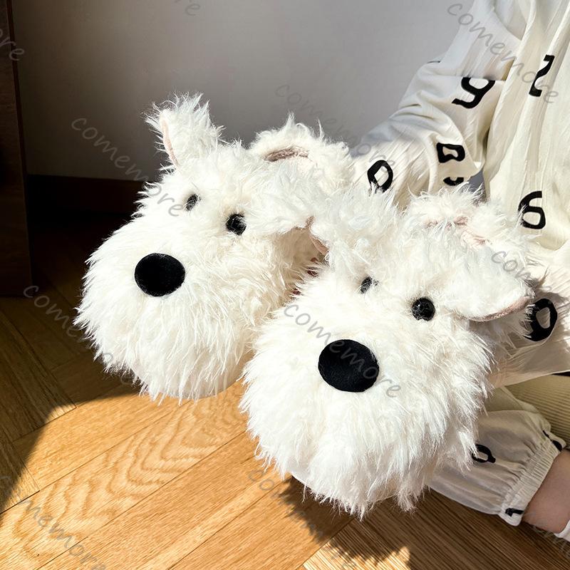 Comemore Women Cute Puppy Cotton Slippers 2025 Winter Soft Indoor Warm Slippers Woman Plush Soft Soled Flat Home Cotton Slippers