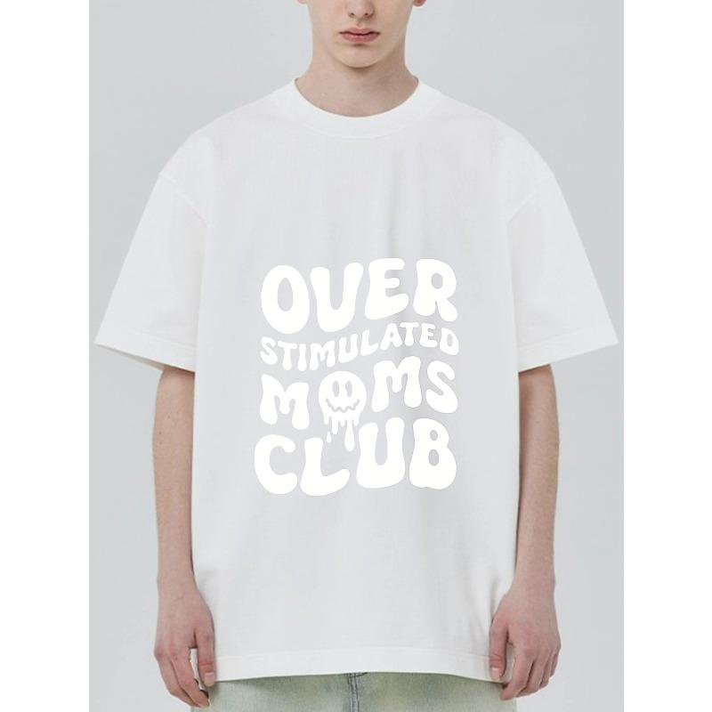 Overstimulated Moms Club T-Shirt Black White Text and Skull Graphic Design for Casual Wear