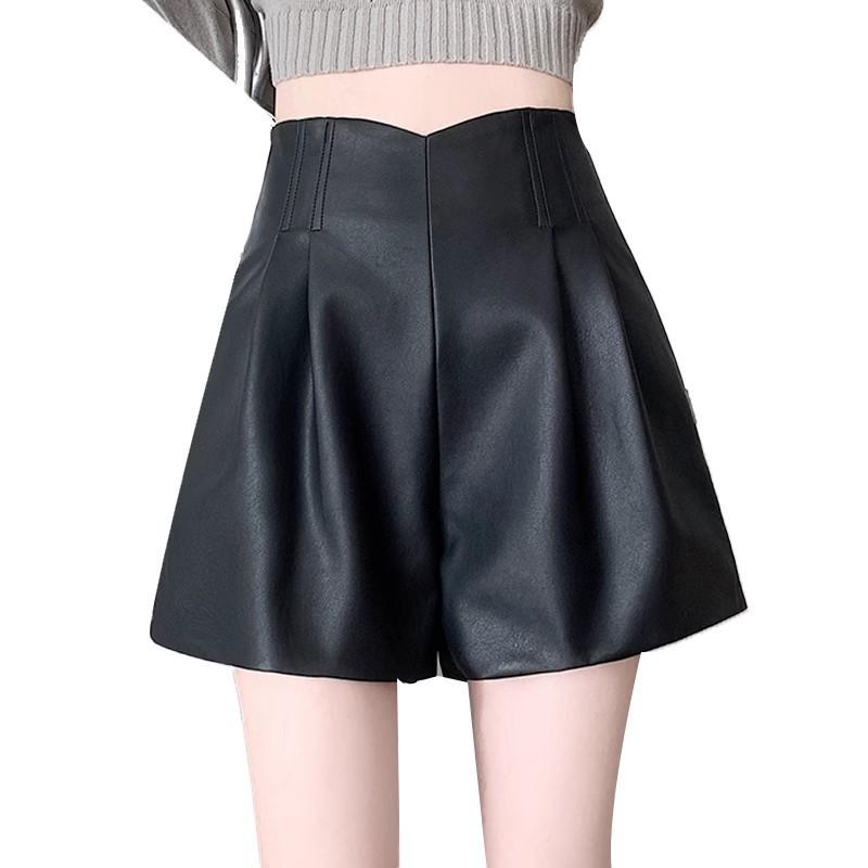Women's Fall Winter Outer Wear High Waisted Slimming A-Line Wide Leg PU Leather Shorts Casual Pants Mini Shorts Versatile Slim Fit Hot Pants