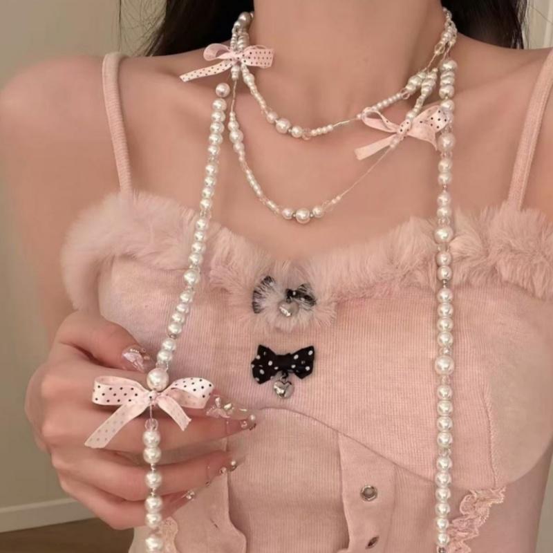 Elegant Multi Layered Pearl Ribbon Bow Layered Tassel Necklace Niche Sweet Drape Neck Chain Trendy Necklace Jewelry Accessories