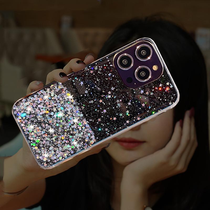 Husă de telefon cu sclipici de lux Bling Star pentru iPhone 15 14 13 12 11 Pro Max X XR XS Max 7 8 15 Plus Carcasa din silicon moale rezistentă la șocuri