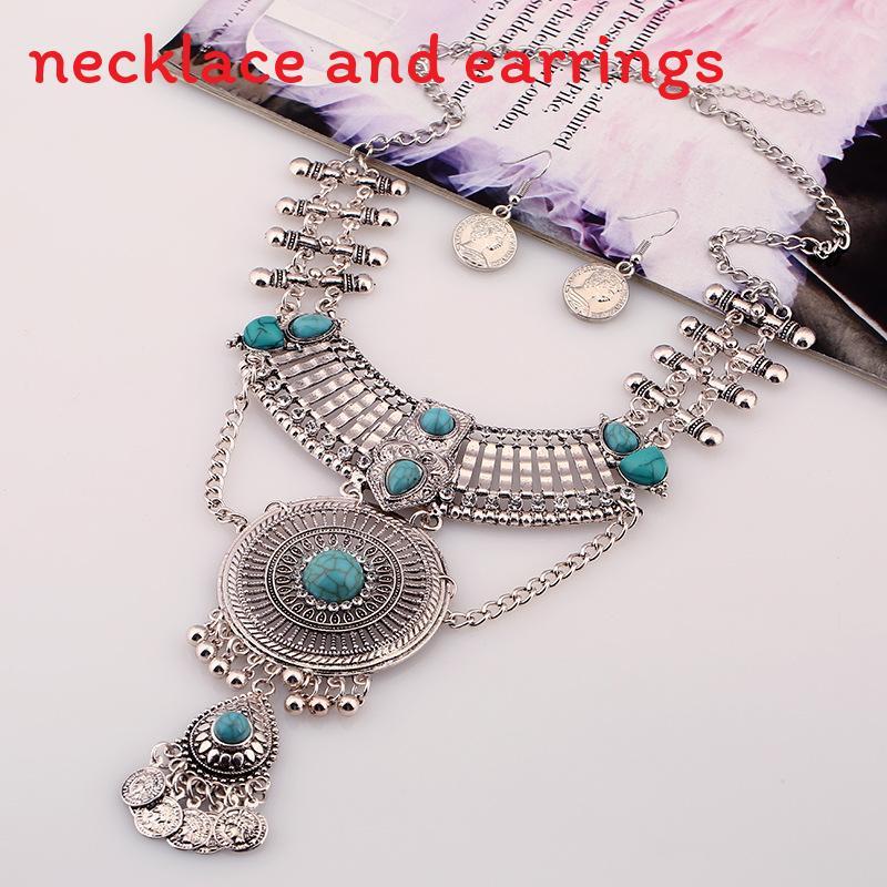 

Style Ethnic Simulation Gemstone Decoration Women Necklace And Set Earring серебряный