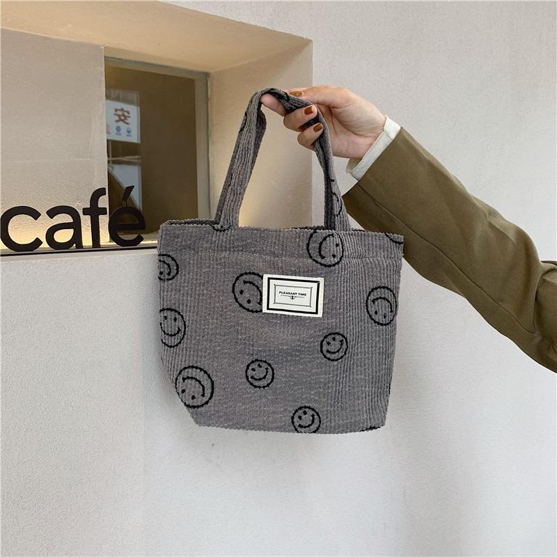 1221 new corduroy retro polka dot handbag cute smiley face hand carrying tote bag women's bento bag