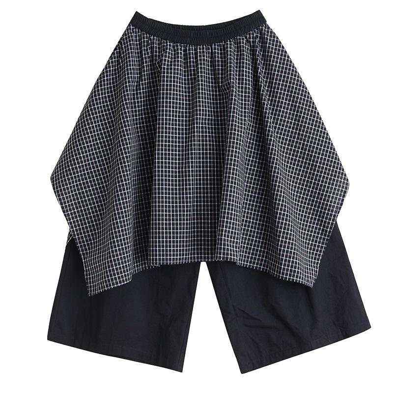 Black plus size vintage plaid Spring Autumn High Waist wide leg Skirt Pants Women Loose Casual Trousers