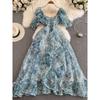 Summer 2024 Blue and White Porcelain Printed Puff Sleeves Vacation Beach Dress Square-Neck Cinched Classy Super Fairy Pettiskirt
