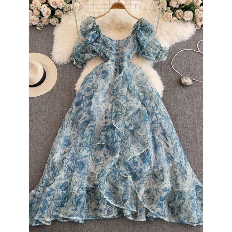 Summer 2024 Blue and White Porcelain Printed Puff Sleeves Vacation Beach Dress Square-Neck Cinched Classy Super Fairy Pettiskirt