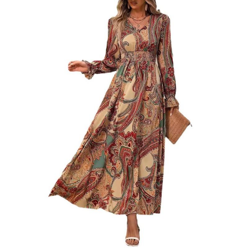 Women's Long-sleeved V-neck Waist Plus Size Printed Dress