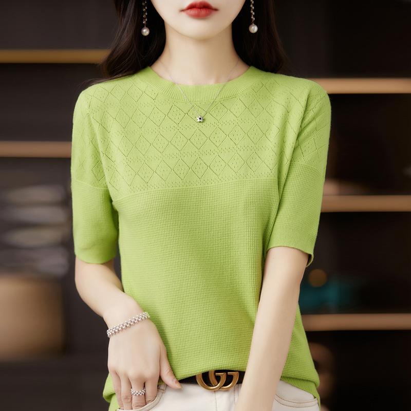 IHUASU Damen Strick-T-Shirt Sommer O-Ausschnitt Diamond Hollow Kurzarm Damenmode Strick-Halbarm-Oberteile