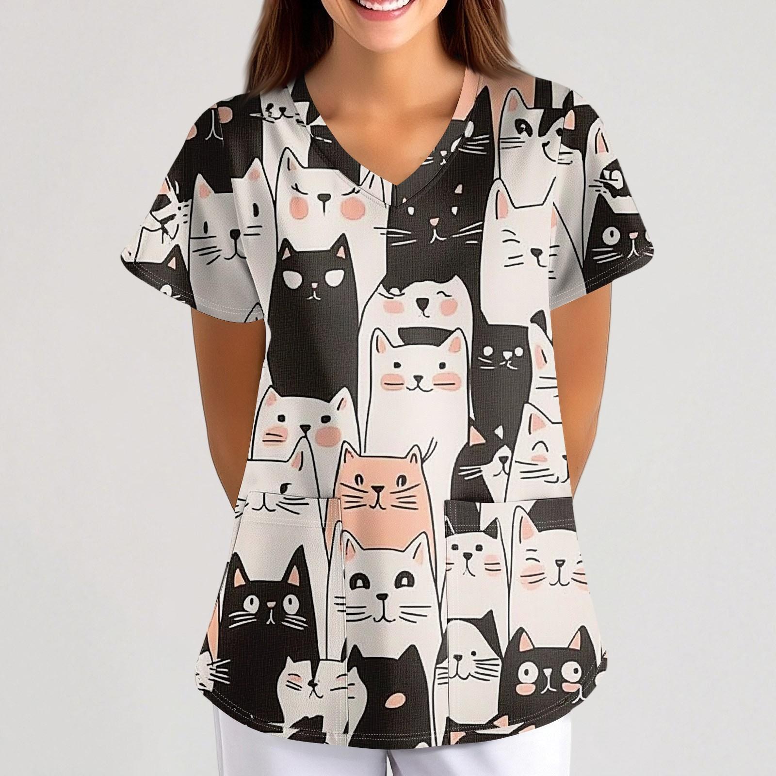 

Плюс размерСкраб с принтом Рабочая форма Топы для женщин Крест V-образным вырезом Хэллоуин Принт с короткими рукавами Забавные футболки Спецодежда Футболка с карманами XL