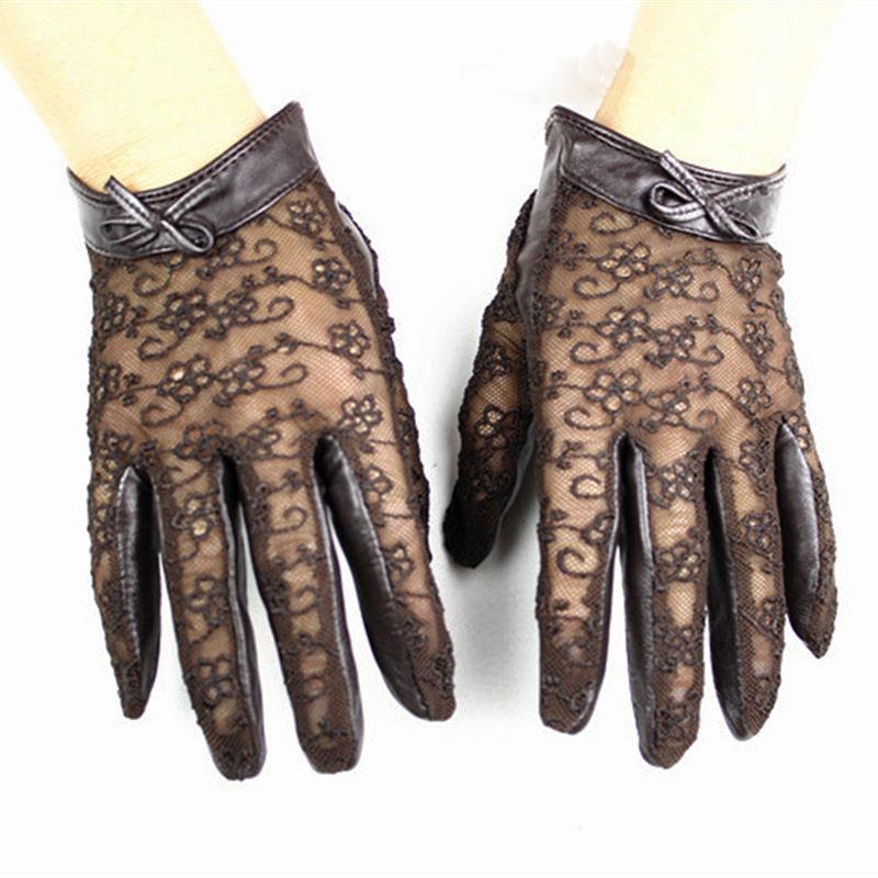 Dámské ovčí kožené rukavice s dotykovou obrazovkou, módní krajkové, tenké bez podšívky, jarní a letní, dámské kožené řidičské rukavice