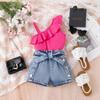 Summer Girls Slant Shoulder Strap Top + Denim Butterfly Shorts Three-piece Set