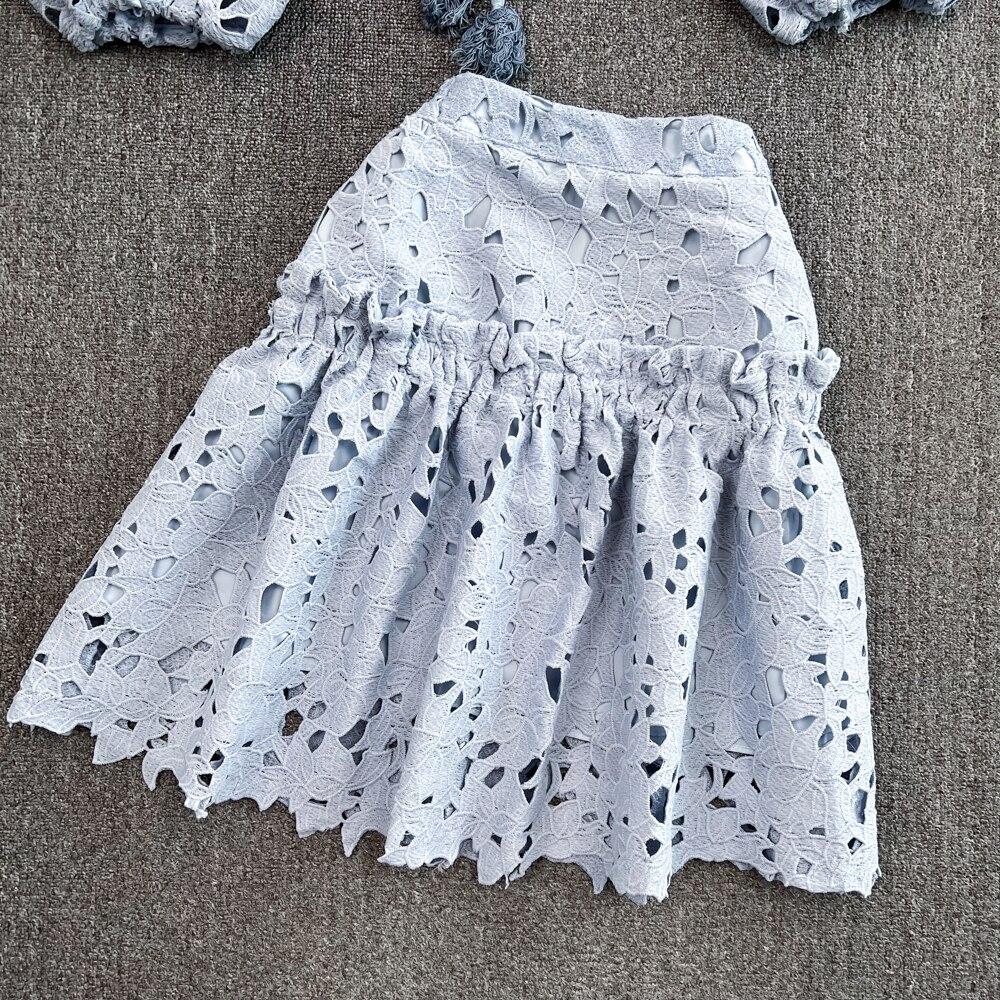 Retro Temperament V-neck Hollow Embroidered Lantern Sleeve Short Shirt Women's Two-piece Hit High Waist Slim A-line Skirt