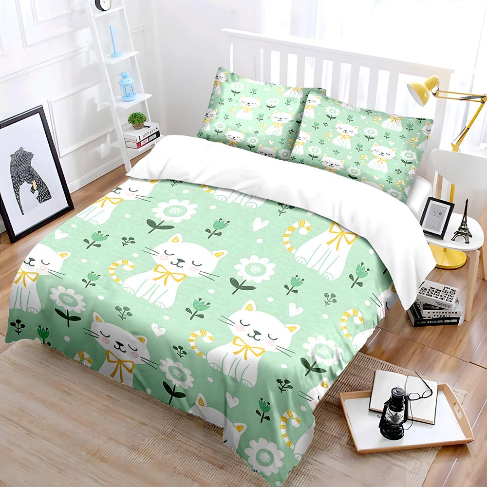 Cartoon Cats And Floral Pattern Print Bedding Set 1 Duvet Cover 2 Pillowcases For Adult And Children Luxury Gift Full Size
