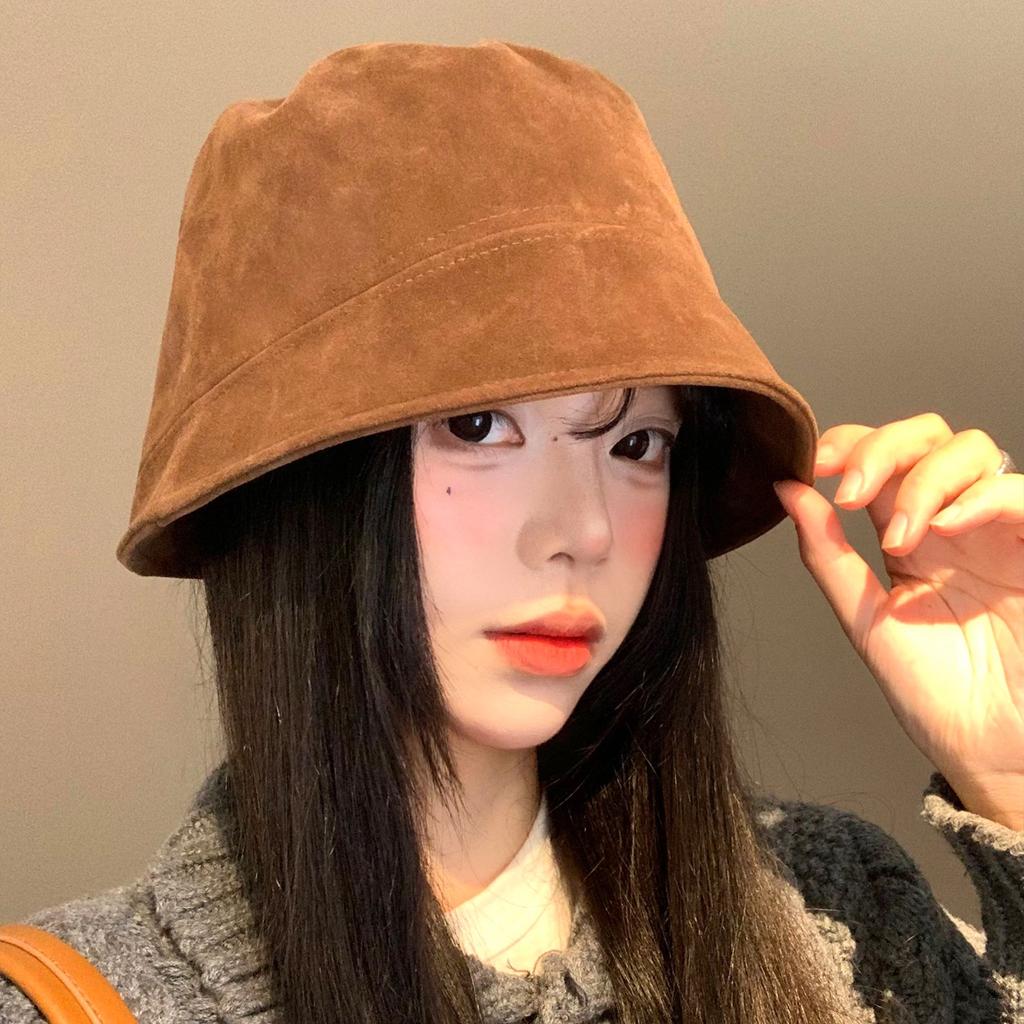 Suede Fisherman Hat Women's Maillard Retro Face Enhancing Small Bucket Versatile Head Circumference Coffee Colored