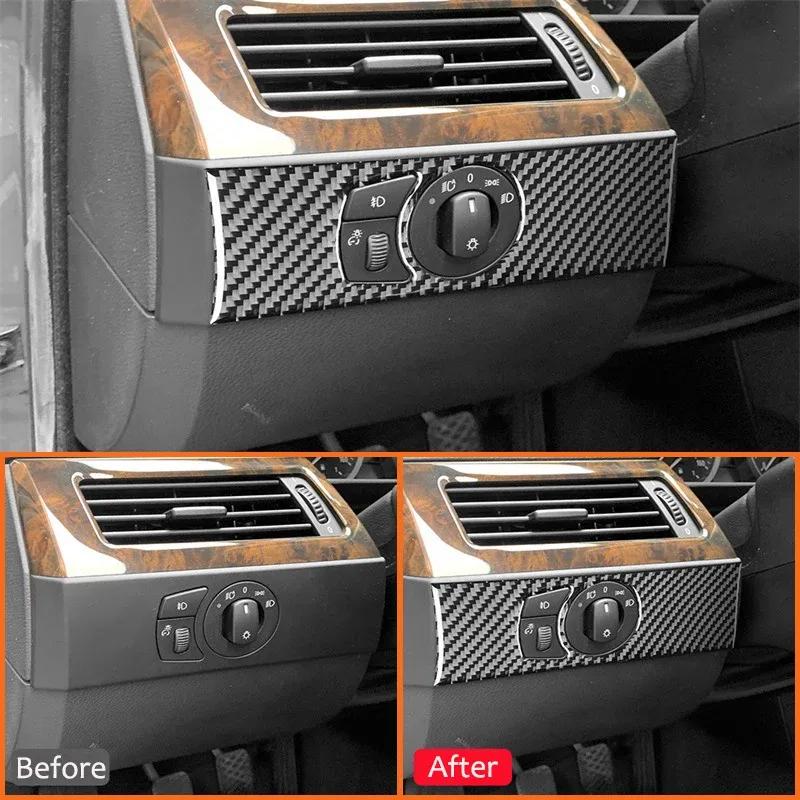Carbon Fiber Car Headlight Control Switch Adjustment Panel Knob Trim Frame Decoration Sticker For BMW 5 Series E60 2004-2007