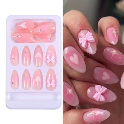24 Pieces French Style Press On Nails Glossy Acrylic False Nails with 3D Bows Designs Stick On Nail for Women and Girls