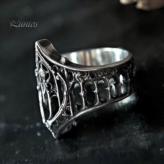 Retro Church Band Vintage Gothic Ring for Men, Hollow Engraved Architecture Statement Metal Finger Band, Dark Style Punk Jewelry Daily Wear Parties
