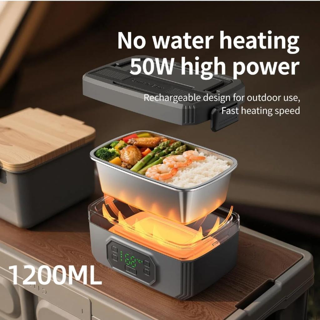 Cordless Electric Lunch Box for Adults 1.6L Portable Heated Food Warmer Rechargeable Stainless Steel Automatic Keep Warm for Office Truck Camping