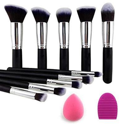 Prémiový syntetický kabuki make-up, pudr na obličej, tvářenka, oční stíny, štětec, sada štětců na make-up s houbičkou na blender a čističem štětců (10 ks, černá/stříbrná)
