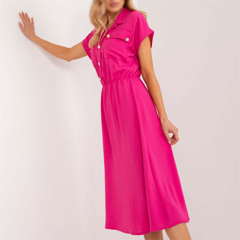 Casual Solid Color Short-Sleeved Midiskirt Women's Clothing Dress Buttons