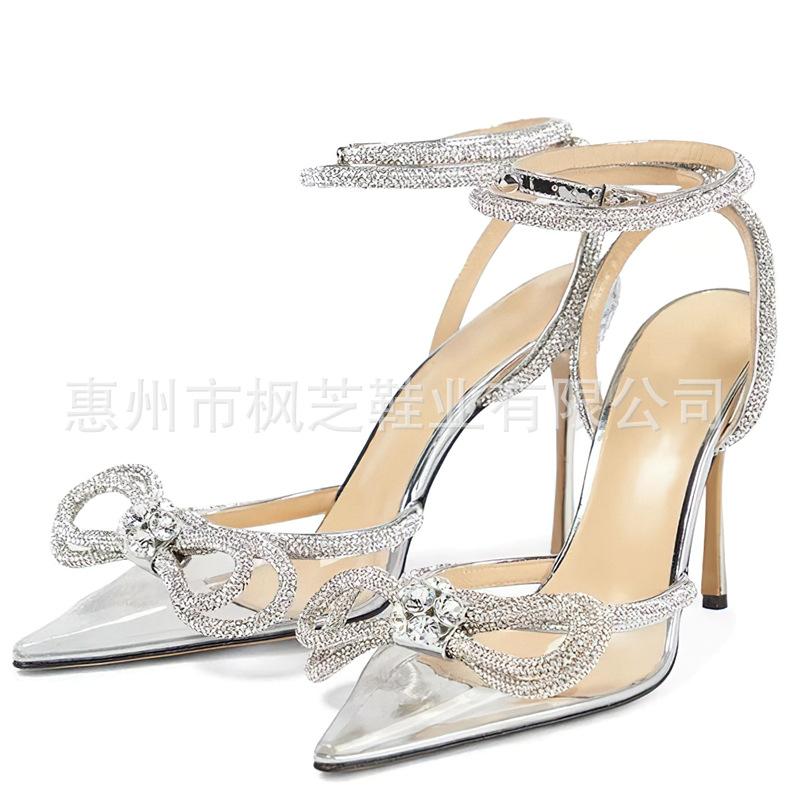 European and American bow rhinestone high-heeled sandals transparent pointed thin heel bag head high-heeled shoes fashionable and versatile customizat