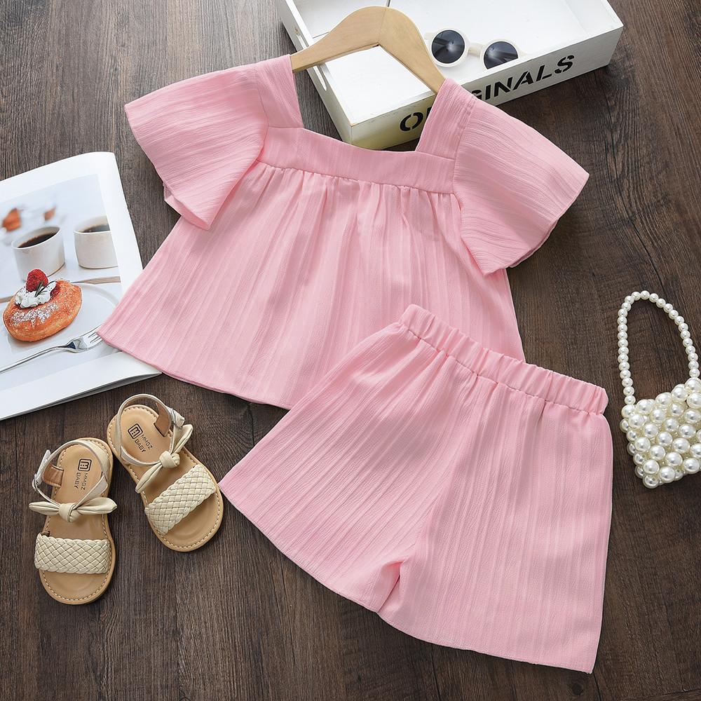 Leisure Vacation Style Children's Suit Solid Color Flower Embroidery Square Neck Short Sleeved Top+shorts Two-piece Set Summer