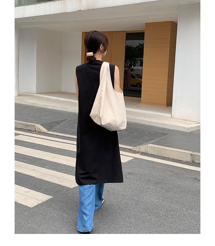 2025 Summer Sleeveless V-neck Linen Cotton Over-the-Knee Dress for Women - Solid Color, Simple Slit Design