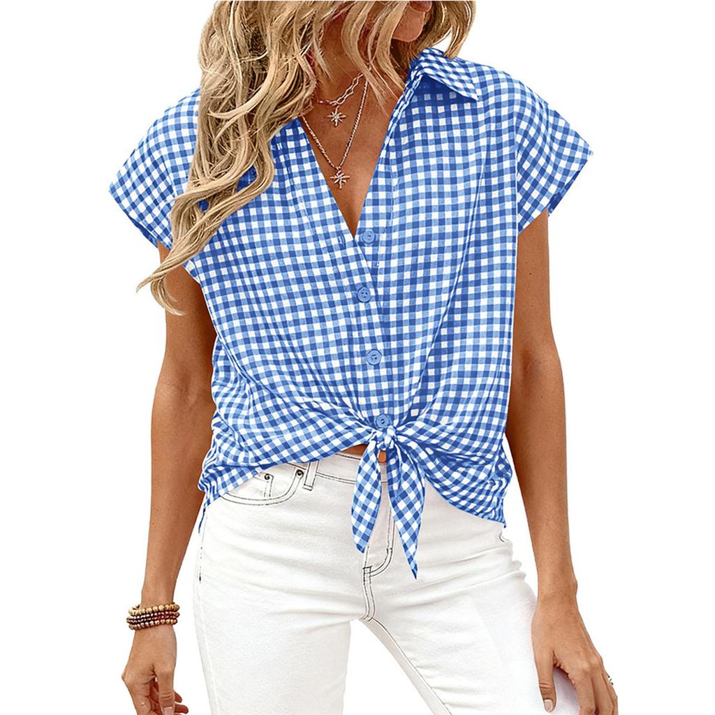 Women's Casual Loose Button Short Sleeve Plaid Shirt Top