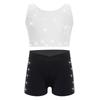 Dívčí gymnasticko-taneční set: Crop top tílko s kamínky, křížením na zádech a véčkem vpředu, s šortkami s elastickým pasem