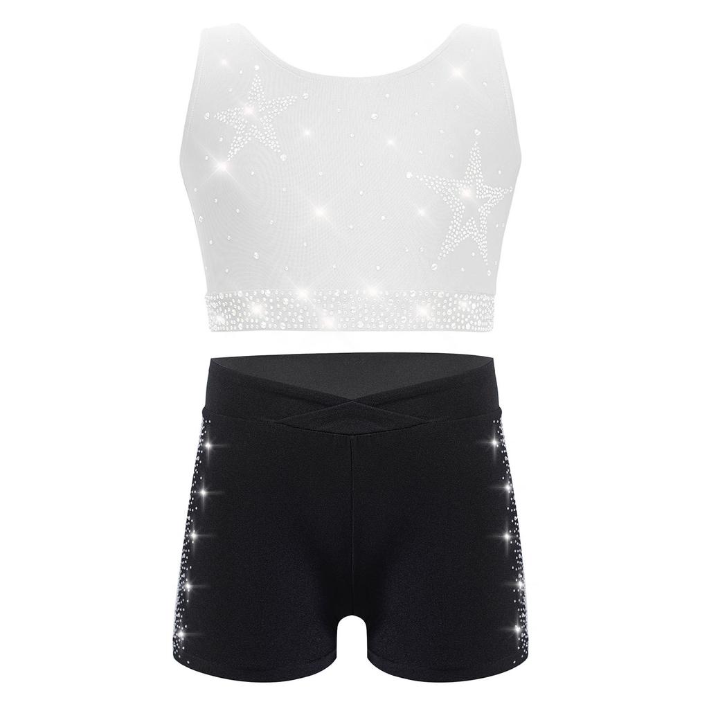 Dívčí gymnasticko-taneční set: Crop top tílko s kamínky, křížením na zádech a véčkem vpředu, s šortkami s elastickým pasem