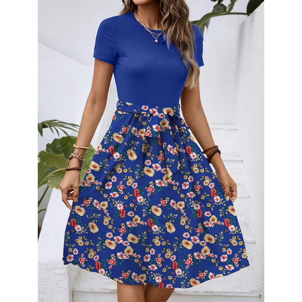 Women's Fashionable Retro Patterned Printing Color Blocked Belt Casual Dress