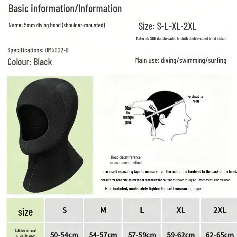 OLOEY 5mm Neoprene Diving Hood with Shoulder XL (Head Circumference 59-62cm)