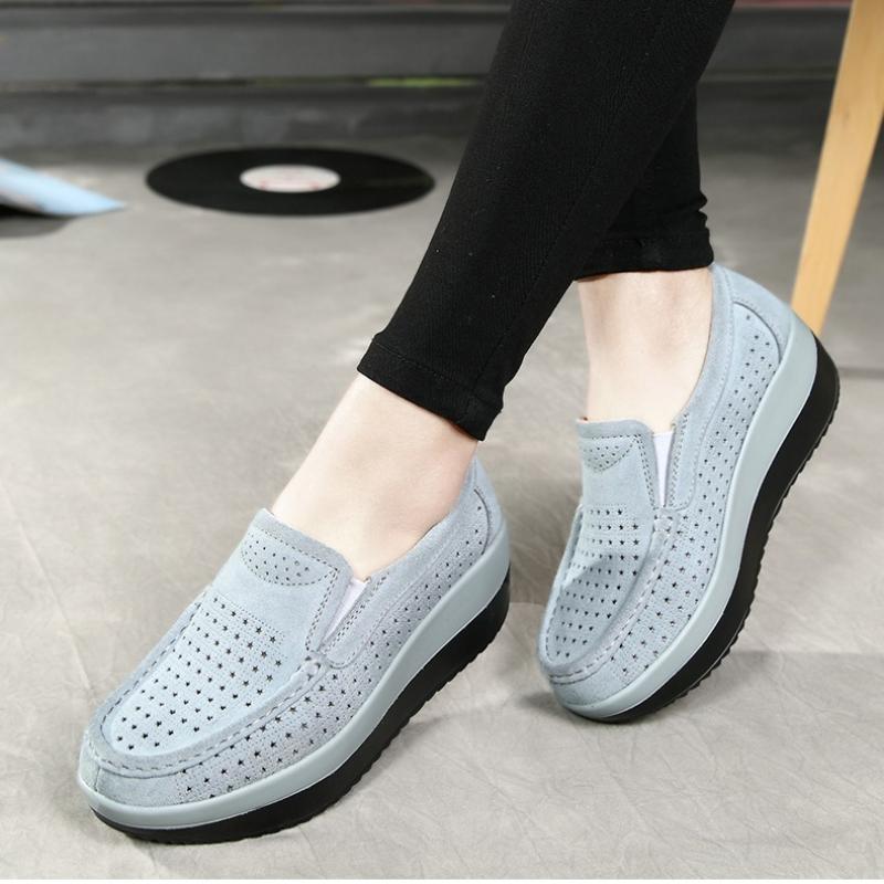 Fashion Women Wedge Heels Platform Shoes Genuine Leather Loafers Casual Walking Shoes Non-slip Mother Shoes