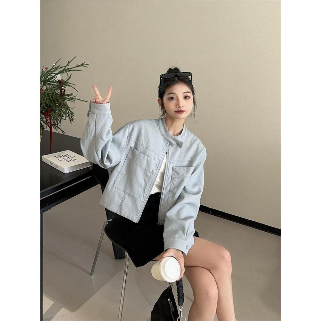 2025 European Style PU Leather Jacket - Women's Spring/Autumn Short, Loose Fit, Fashionable Zipper Round Neck, Stand-up Collar Coat.