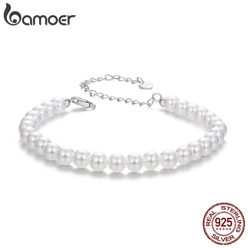 

BAMOER White Pearl Bracelets for Women, 925 Silver Adjustable Clasp Chain Faux Pearl Beaded Bracelets Bridal Wedding Jewelry 16+6cm белый