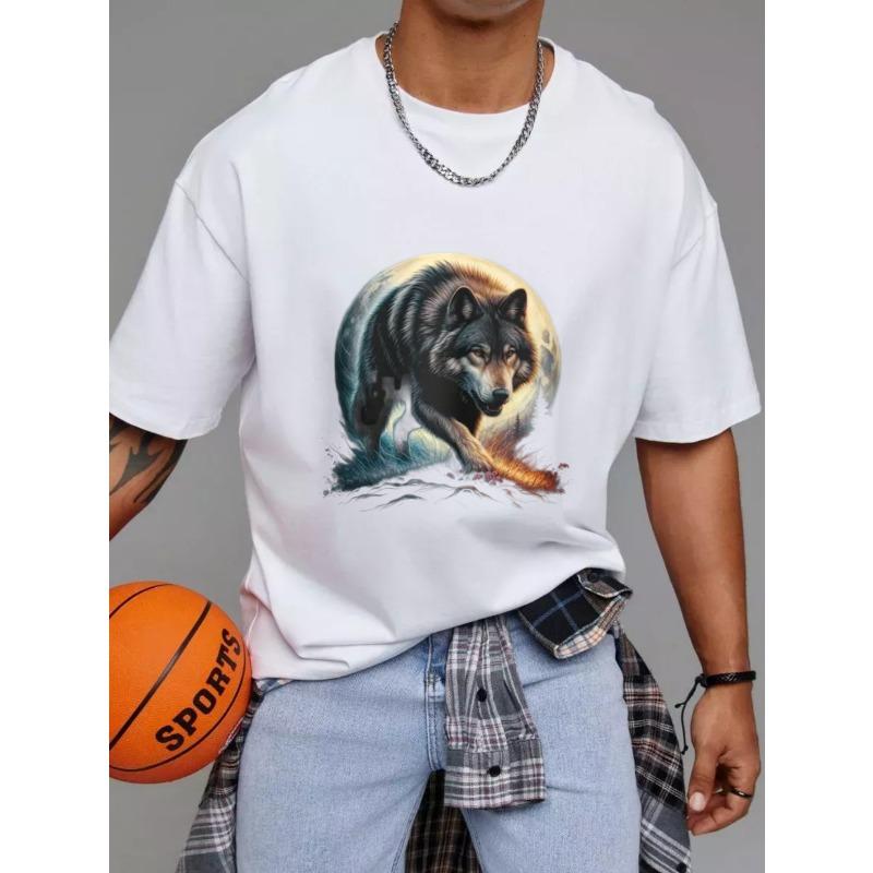 Wolf T-Shirt White Wolf and Moon Print for Outdoor and Casual Wear