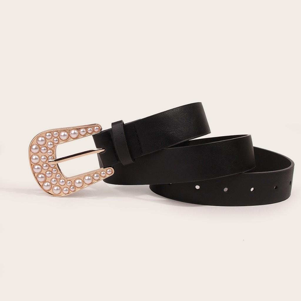 Classic Fashion Casual Leather Belt For Women With Pearl Decor For Spring