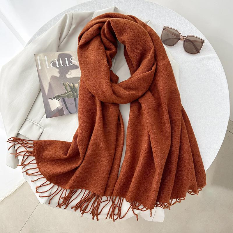 Scarf autumn and winter atmosphere solid color imitation cashmere women's temperament literary niche soft waxy warm fringed scarf shawl