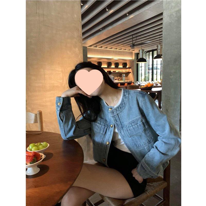 

Женская ретро-джинсовая куртка - Круглый вырез, Короткая, Свободный крой, Повседневный стройнящий стиль Small