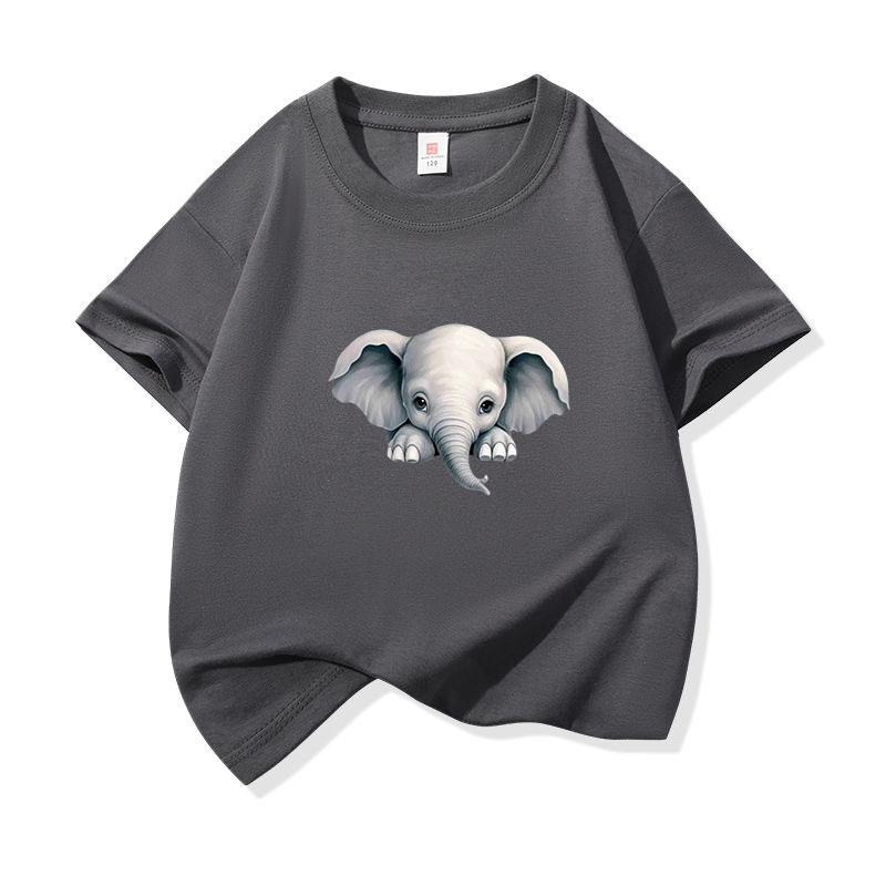 Kids Cotton T Shirt Cute Peeking Little Elephant Print Crew Neck Short Sleeve Tee Casual Breathable Boys Girls Summer Tops
