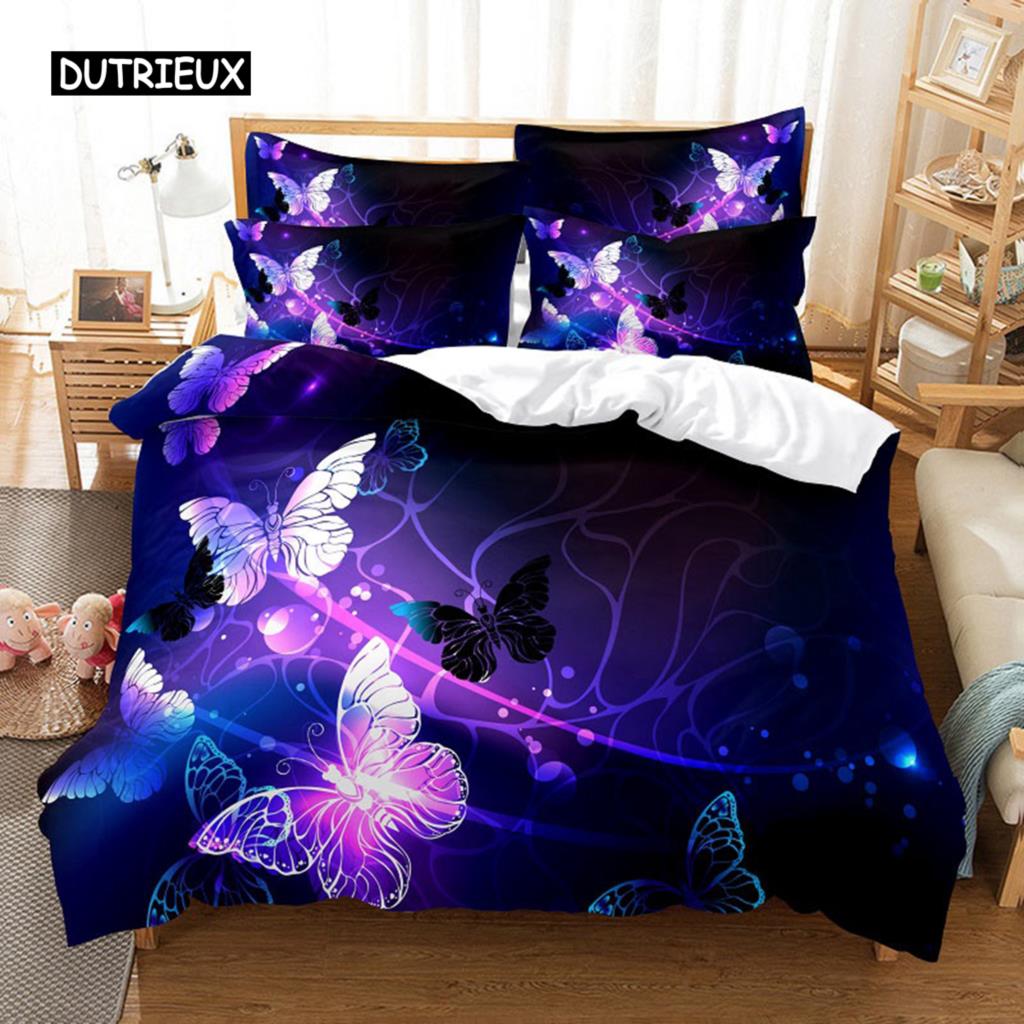 Purple 3D Bedding Set Polyester Duvet Cover Queen King Twin Single Lavender Butterfly Quilt Cover