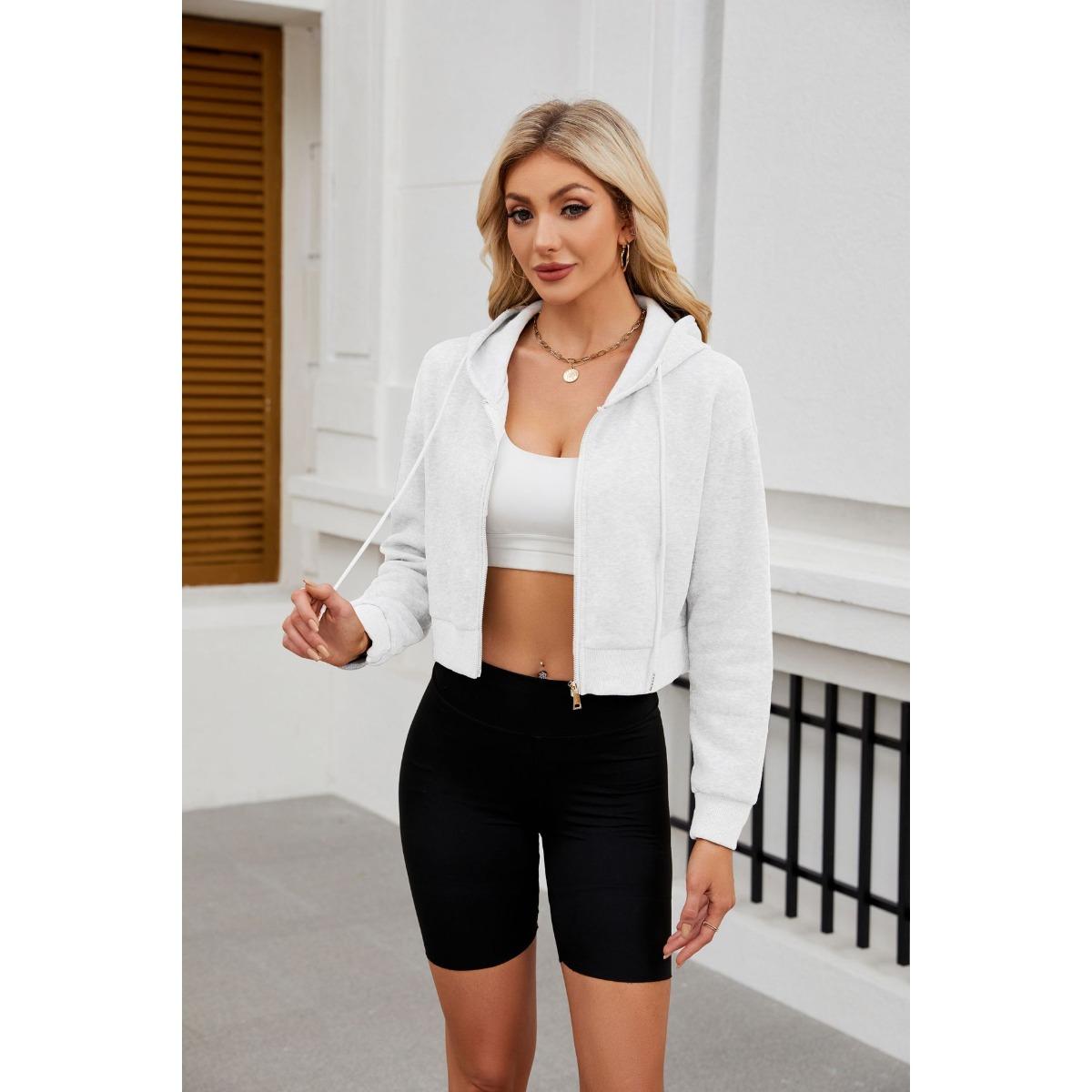 Women s Hooded Long Sleeve Hoodie Loose Fit Solid Color Zip Up Cropped Cardigan Sweatshirt S белый