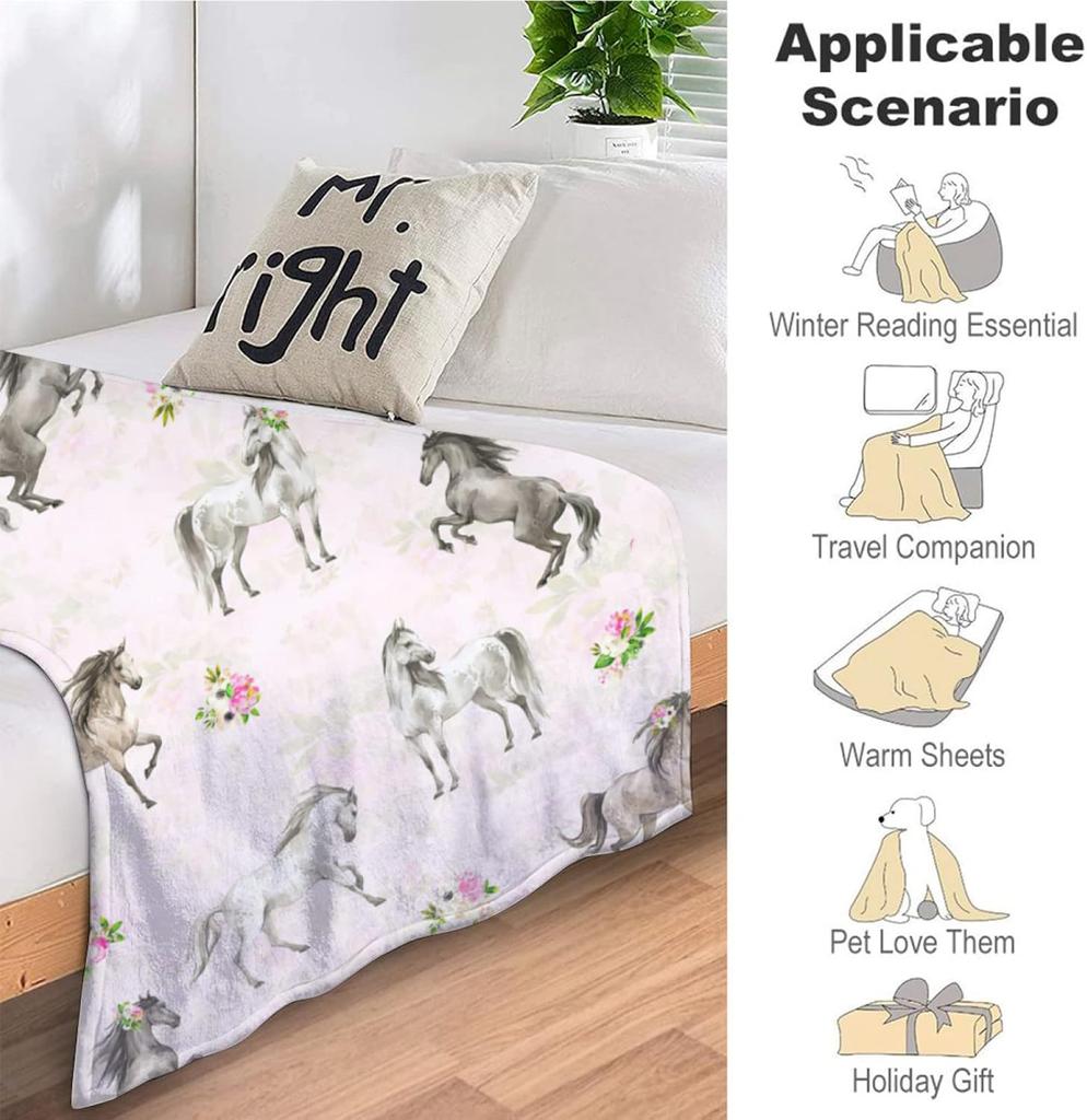Couvertures de Cheval Cadeaux pour Filles Femmes Chevaux Western Fleurs Animal Polaire Flanelle Couvertures Jetées Doux Léger Cheval Peluche Stu