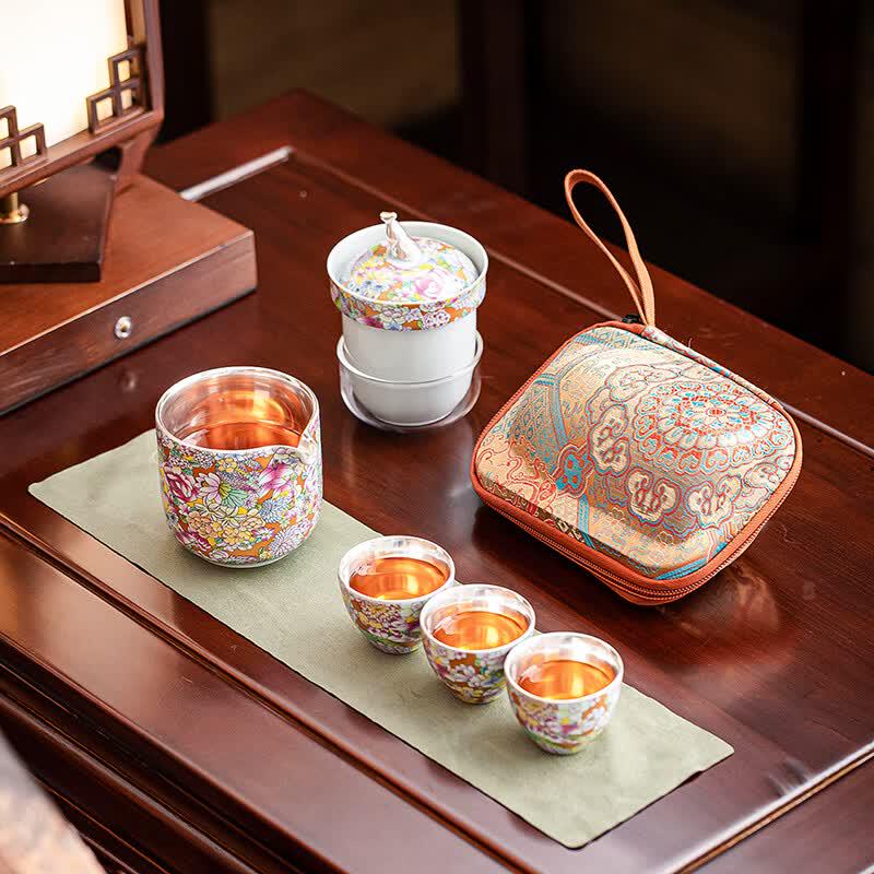 Su Shi Ceramic Travel Tea Set - Gilded Silver Myriad Flowers