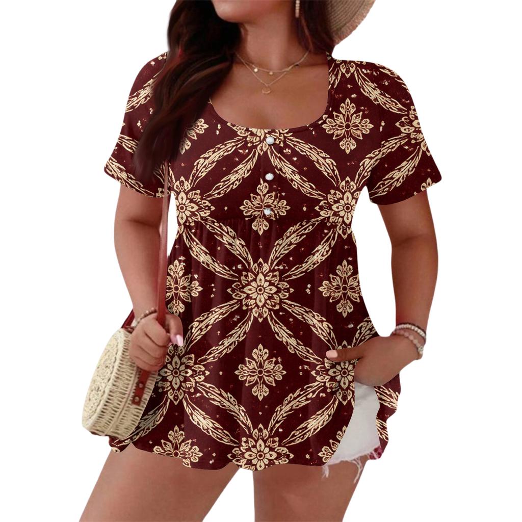 Women's Fashionable Casual Short Sleeve Loose Fit Button Front Printed Blouse