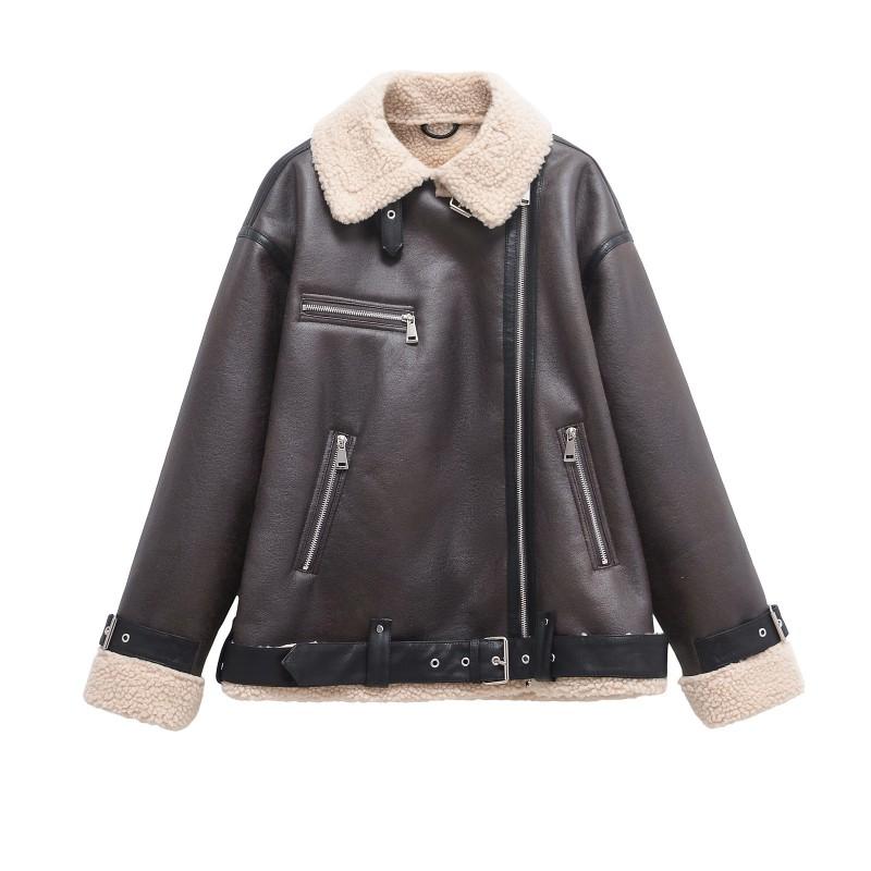 Damen Kunstleder Motorradjacke Mit Pelzkragen Winter Warm Übergroßer Mantel