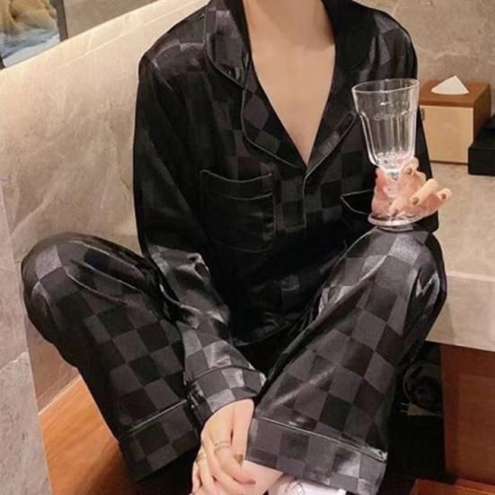 Womens Satin Pajamas Set Button Down Long Sleeve Top And Long Pants Sleepwear Set Oversized Casual Plaid 2 Piece Lounge Set